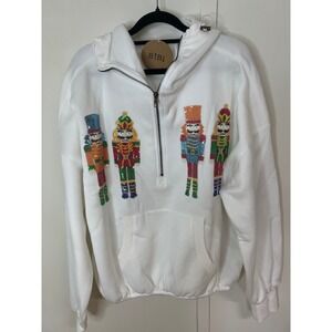 BIB! White Sequin Nutcracker Quarter Zip Hoodie Holiday Sweatshirt Women S,L,XL